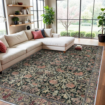 Tapis de salon lavables à motif floral antidérapant à tapis à poils courts antidérapants pour chambre à coucher, salle à manger, bureau, noir