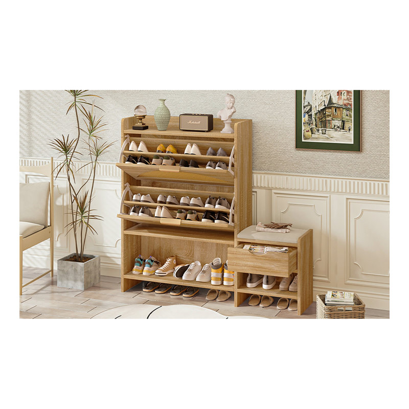 Rangement pour chaussures avec rangement pour chaussures en rotin avec 2 tiroirs rabattables, un tiroir de rangement et un banc pour l'entrée et le couloir, brun clair