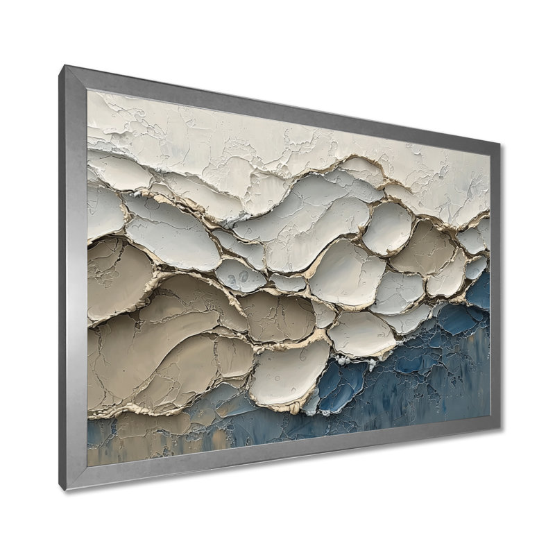 «Abstract Collages Coastal Waves Flow I», art mural abstrait, H 12 po x l 20 po, Avec cadre, Argent argent