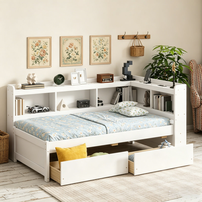 Lit simple en forme de L avec bibliothèques avec prises de courant, ports de chargement USB, deux tiroirs, blanc, conception peu encombrante