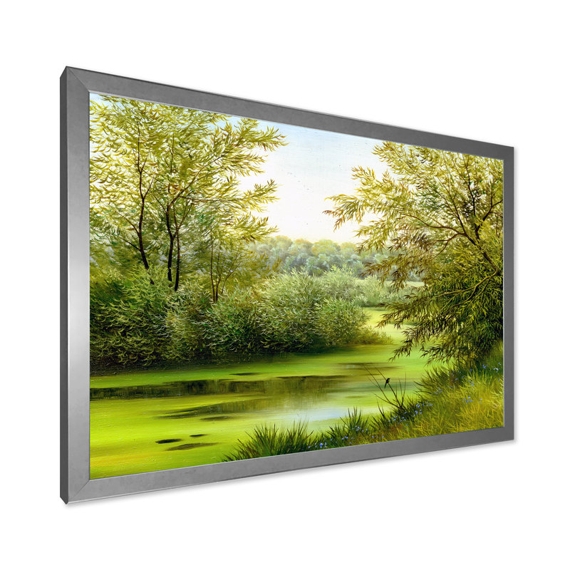 Étang vert avec arbres printaniers - Peinture sur toile, H 24 po x l 32 po x P 1 po, Cadre photo argenté