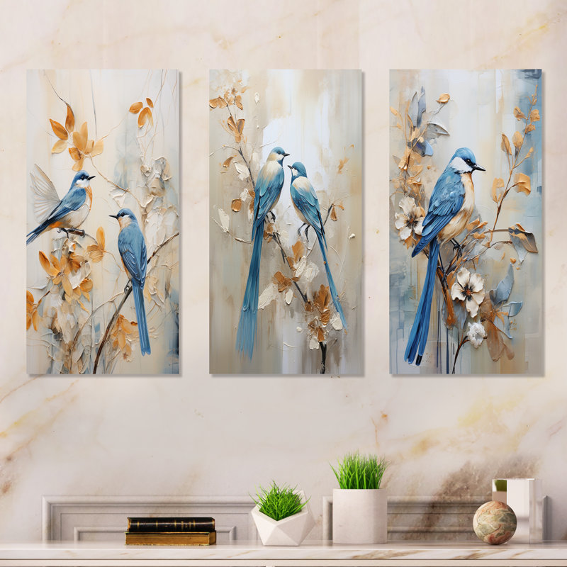 Minimalism Birds Paradise Floral Scenery - Bird Floral Metal Wall Decor Set Of 3, 32" H x 48" W
