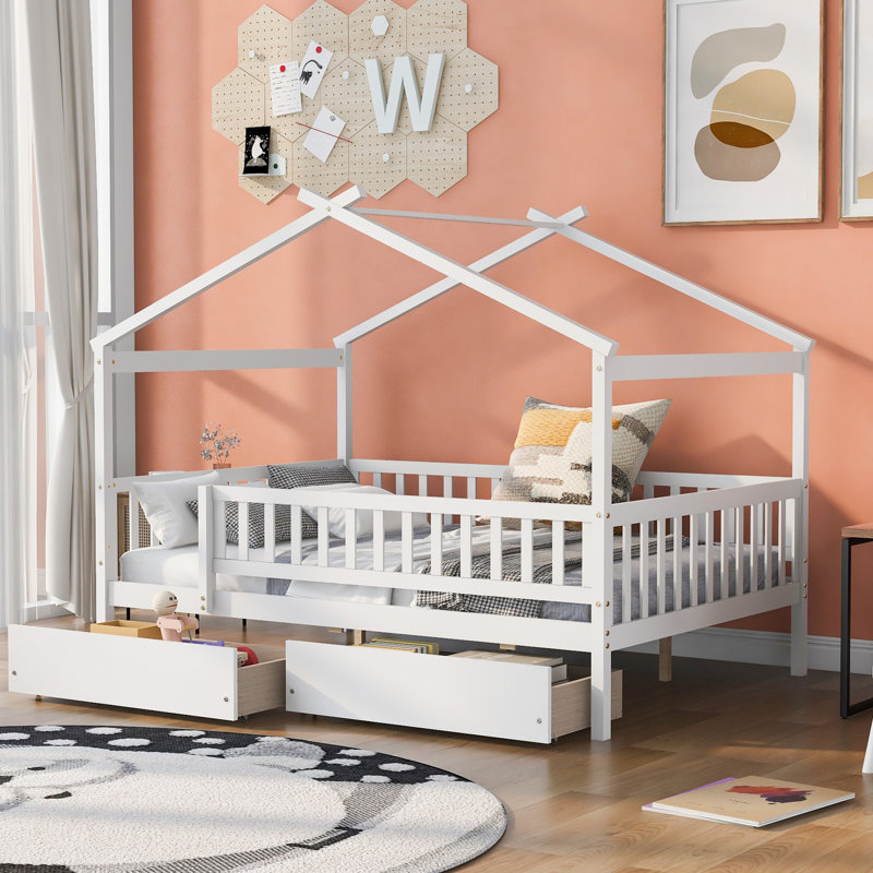 Lit double en bois avec deux tiroirs, Blanc
