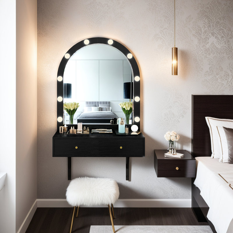 Meuble-lavabo mural flottant avec miroir DEL, station de rangement et de charge