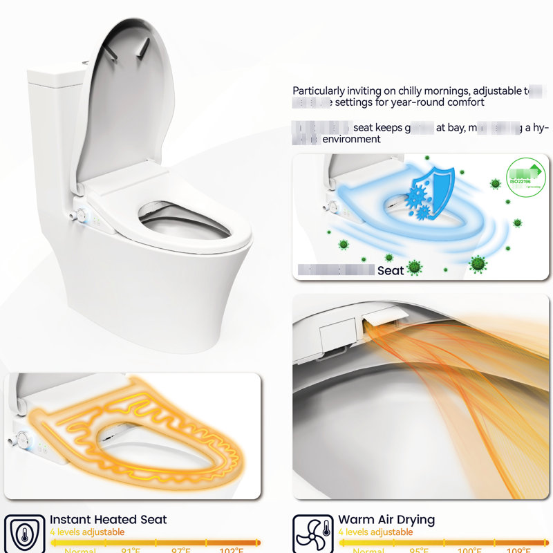 Siège de bidet chauffant intelligent - Température de l'eau et réglable, buse détachable, nettoyage automatique de la buse à capteur réglable, couvercle ouvert, chauffage à 3 niveaux