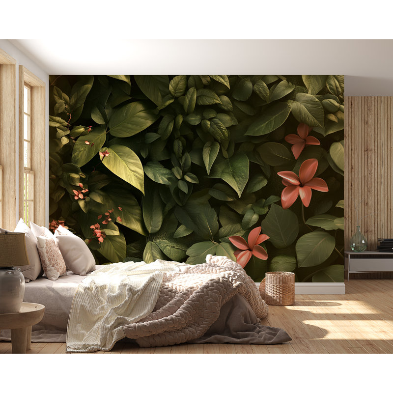 Feuilles avec fleurs tropicales - papier peint botanique 3D - motif de plante de la jungle pour un décor intérieur inspiré de la nature