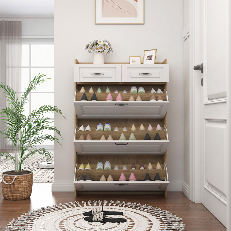 Shoe Storage, 1250 White +Oak Color Shoe Cabinet  With 3 Doors 2 Drawers,Large Space For Storage