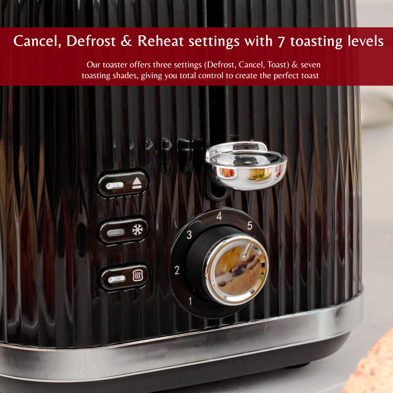 2 Slice Toaster in Glossy Ridged Textured Body and Stainless Steel Mechanism, Black