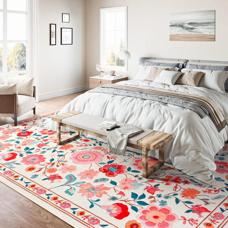 Large Floral Living Room Rug Washable Bedroom Rug Non-Slip Colorful Vintage Accent Floor Carpet For Home Decor