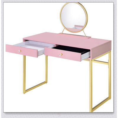 Bureau de coiffeuse chic rose et doré avec 2 tiroirs, miroir amovible et plateau à bijoux pour des routines de beauté organisées