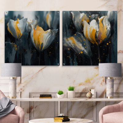 Grey Petals Of Tulip Serenity I - Tulip Acrylic Wall Art Glass Set Of 2