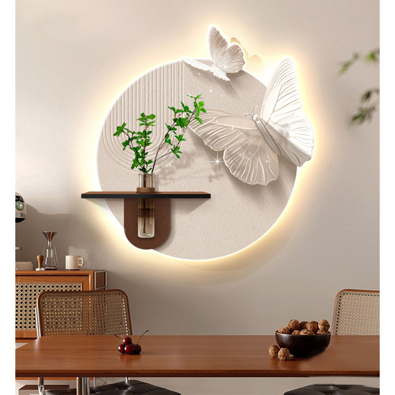 Décoration murale moderne ronde à DEL avec décor de plante artificielle, H 31,5 po x l 29,13 po x P 0,79 po