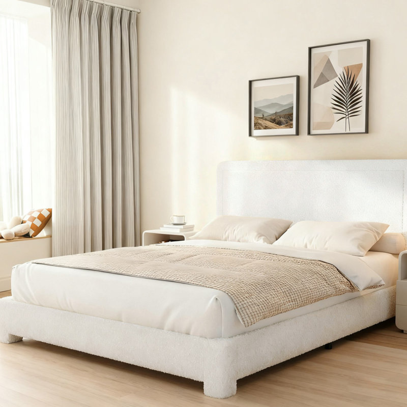 Cordoba Upholstered Platform Bed with Adjustable Headboard, White, Full / Double