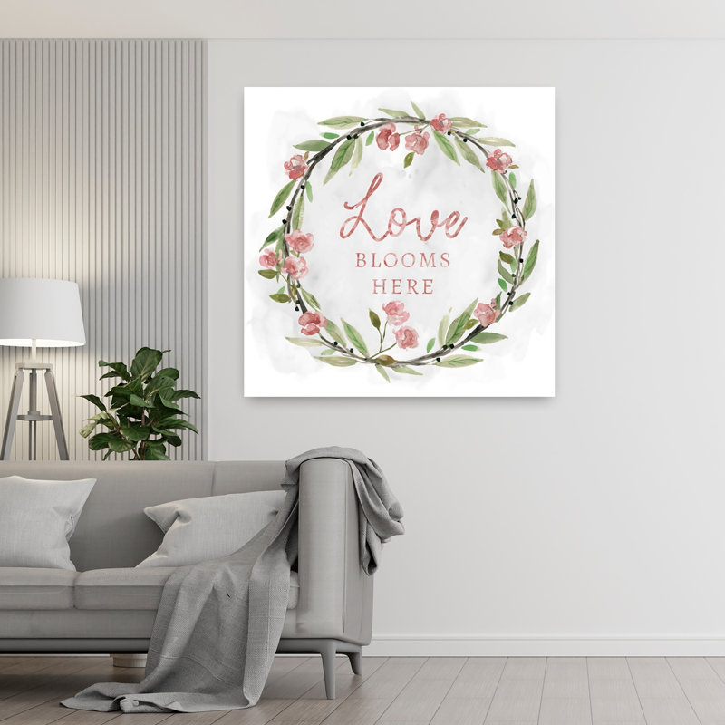 «Love Blooms Wreath», art mural élégant paysage éthéré moderne, H 48 po x l 48 po