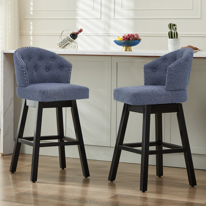 Aadhvika Upholstered BarStools with Solid Wood Frame, Blue/Linen, Bar Stool (28" Seat Height)