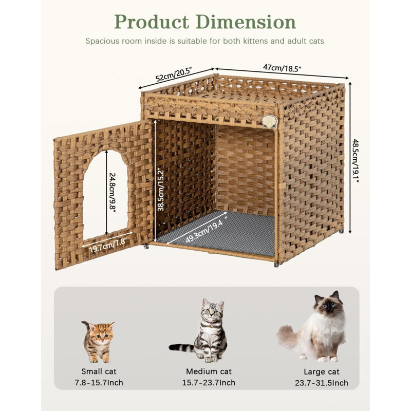 Enclos pour chat, litière cachée avec tapis et clôture, maisonnette en rotin tissée à la main avec deux crochets en forme de S pour le salon et la chambre à coucher
