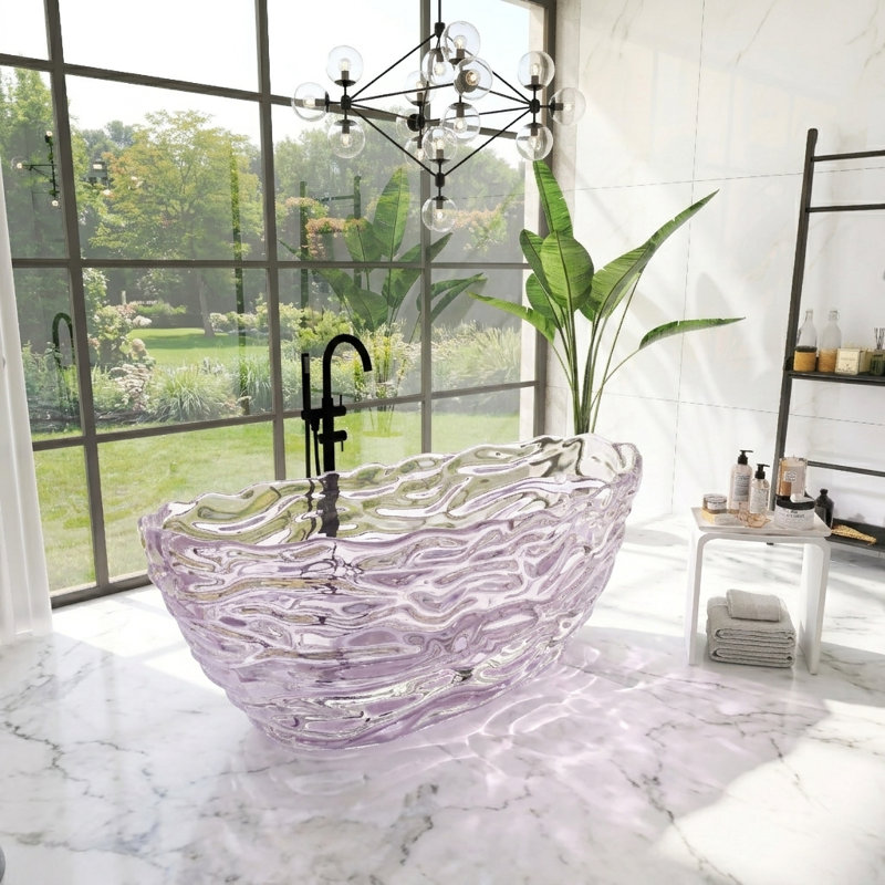 69" X 29.5" Freestanding Bathtub Resin Soaking Tub Transparent Wavy Surface