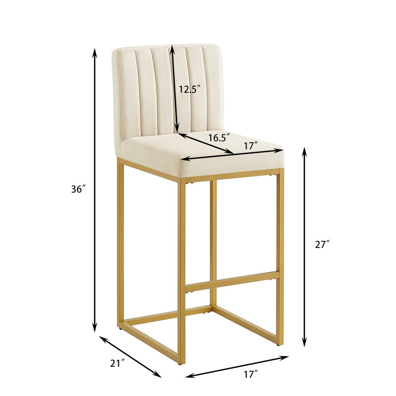 Tabouret de bar moderne à hauteur de comptoir en velours avec dossier complet, ensemble de 2 chaises rembourrées crème, Crème