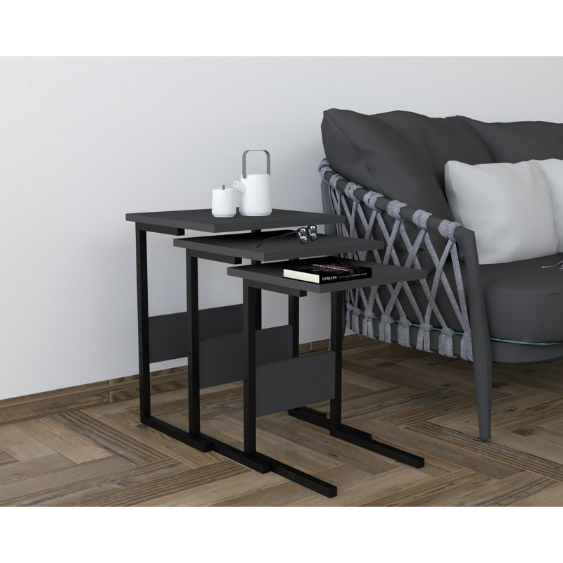 3-Piece Nesting Table Set, Black & Anthracite, Large: 15.7 x 21.7 x 15.7 in, Medium: 14.2 x 19.7 x 14.2 in, Small: 12.6 x 17.7 x 12.6 in | 100% Melamine Coated Particle Board, Iron Legs | Stylish & Space-Saving Design for Modern Living Rooms
