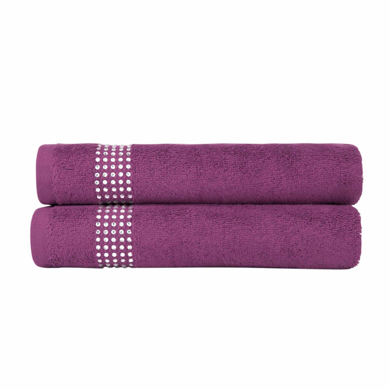 Sparkles Home Stripe Rhinestone Hand Towel Set of 2 | 100% Turkish Cotton Terry | Machine Washable, Purple