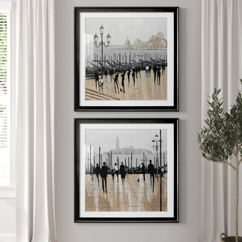 «Quiet Gondolas I», ensemble de 2 reproductions d'art graphique, H 26,5 po x l 53 po x P 1,5 po, Papier encadré noir, Blanc