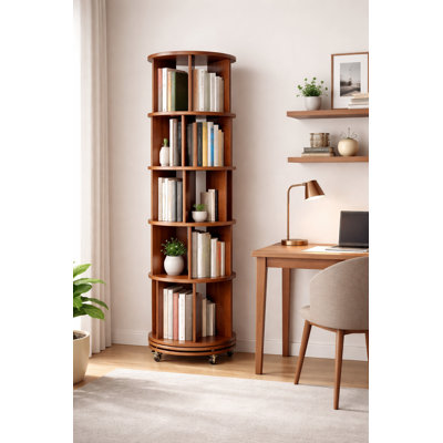 Bibliothèque pivotante à 360 ° en bois d'hévéa, équipée de roues de frein pour les petits espaces, bibliothèque d'angle pour chambre à coucher, salon, salle d'étude