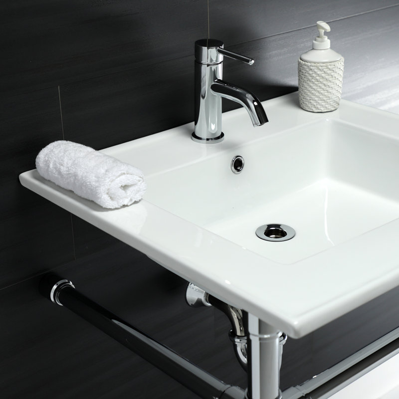 Lavabo de salle de bain console en céramique avec trop-plein, Chrome poli, Simple