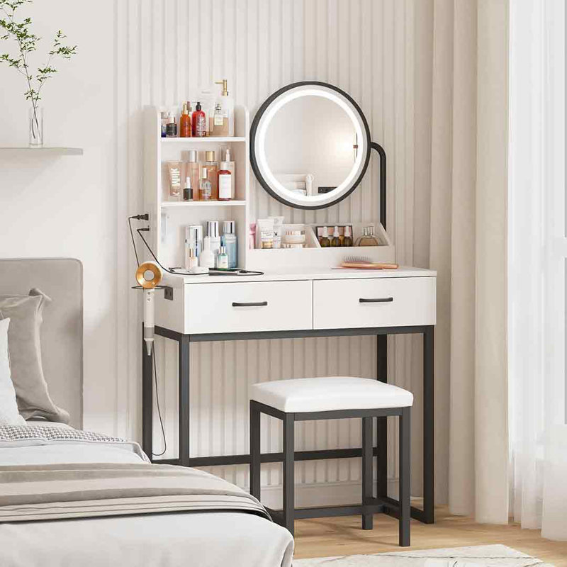 Bureau de maquillage avec miroir rond et lumières, Noir / blanc
