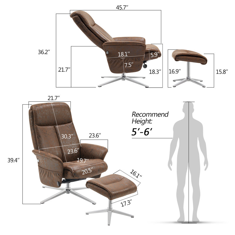 Fauteuil inclinable pivotant avec repose-pieds en similicuir, Brun