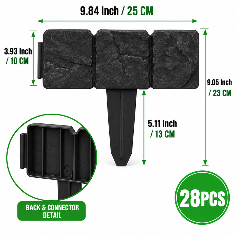 28-Piece Faux Stone Garden Edging Border Set, Black Stake-In Landscape Fence for Flower Beds, Black