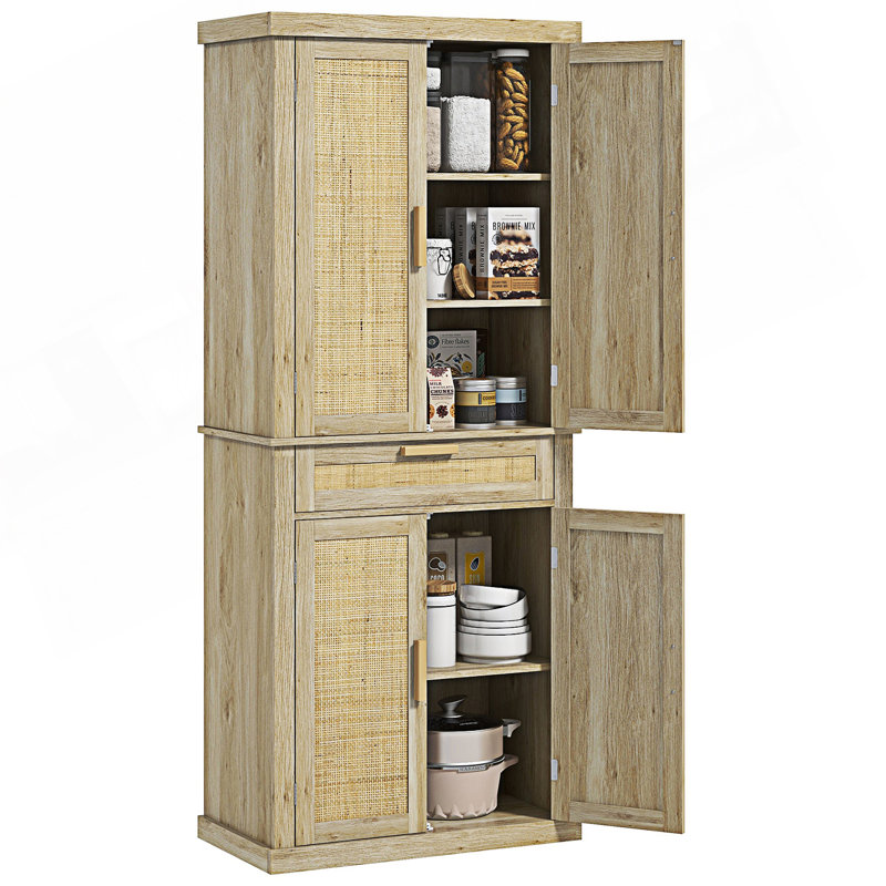 Grand garde-manger avec panneau en rotin, armoire de rangement autoportante Boho avec 4 portes
