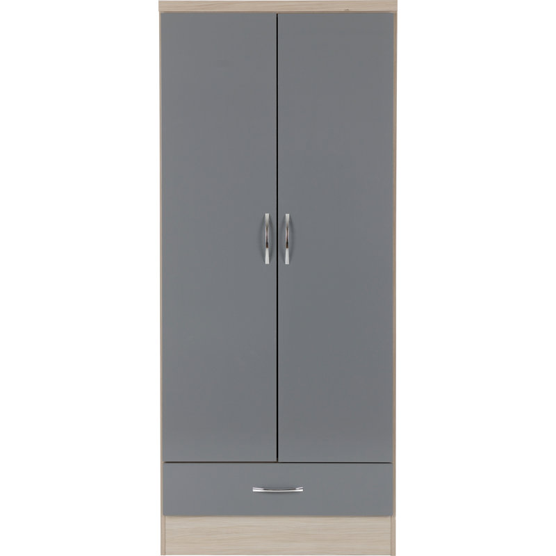 Nevada 1 Drawer Wardrobe, Grey Gloss/Light Oak Effect Veneer