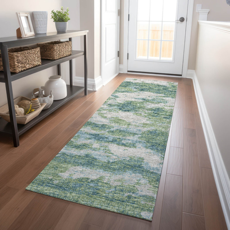 Premium Machine Washable Freixa AMF71 Green Rug, Runner 2'3" x 7'6"