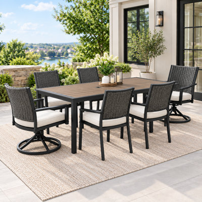 Ensemble de salle à manger de patio moderne 7 pièces avec chaises à dossier tissé et 2 chaises pivotantes