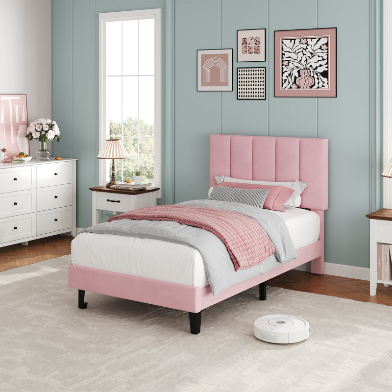 Twin Size Pink Suede Upholstered Platform Bed Frame with Adjustable Tufted Headboard, Sturdy Wooden Slats, Noise-Free, No Box Spring Needed, Easy Assembly - Pink