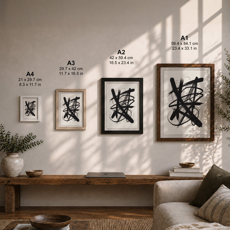Gestural Energy Abstract - Framed Print, A3 - 42.0 x 29.7 cm, Black