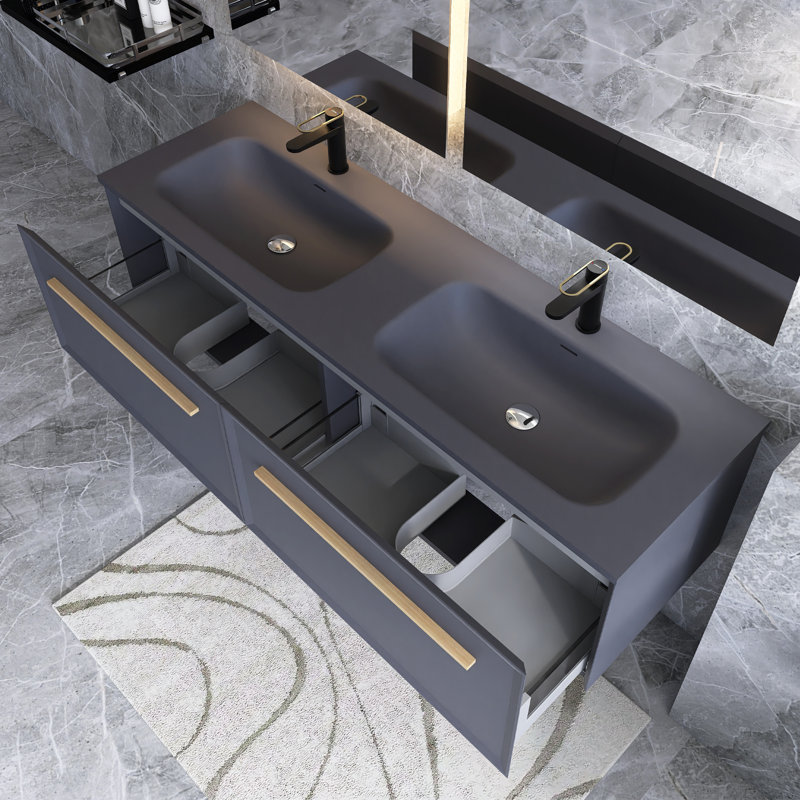 Torrianna 59.05'' Double Bathroom Vanity with Solid Surface Top, Gray, Matt Gray, Gray