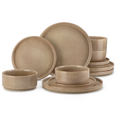 12 Piece For 4 In Ombre Caramel Glaze,Raised Rim Dinnerware With Dinner Plates,Dessert Plates & Bowls,Dishwasher Safe,Modern Stackable Stoneware Set
