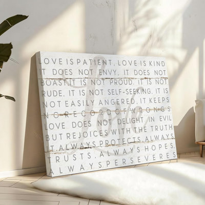Love Is Patient Grey On White Planked Look Canvas Solid Wood Frame Support Wall Art For Living Room Bedroom Bathroom 16" X 24"