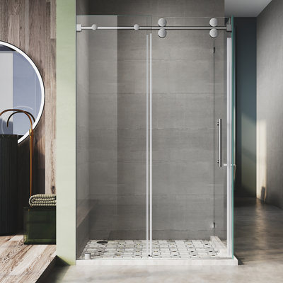 50" to 55" W x 80" H Frameless Sliding Glass Shower Door, Bright Chrome, 3/8" (10mm) Clear Glass with Enduro Shield, 39-1/8 to 40" Return Panel, Optional U-Channel or Clip Mount UKS04RP-55X40X80-CH
