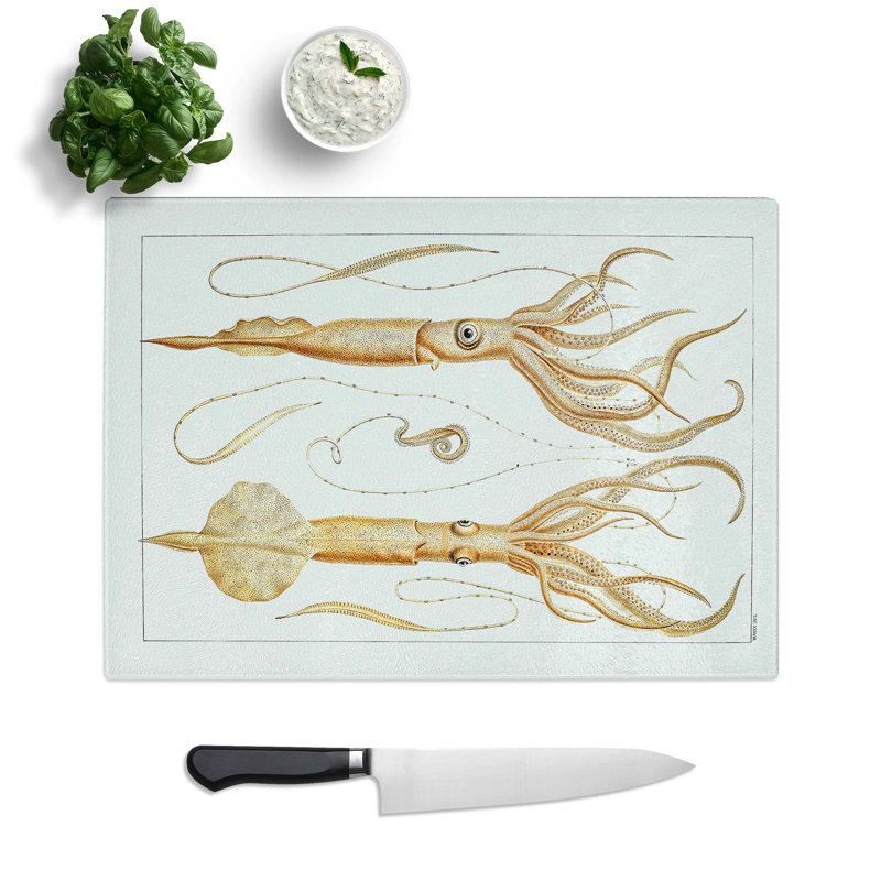 Tempered Glass Squid Illustrations by Carl Chun Chopping Board, 39 cm W x 28.5 cm L