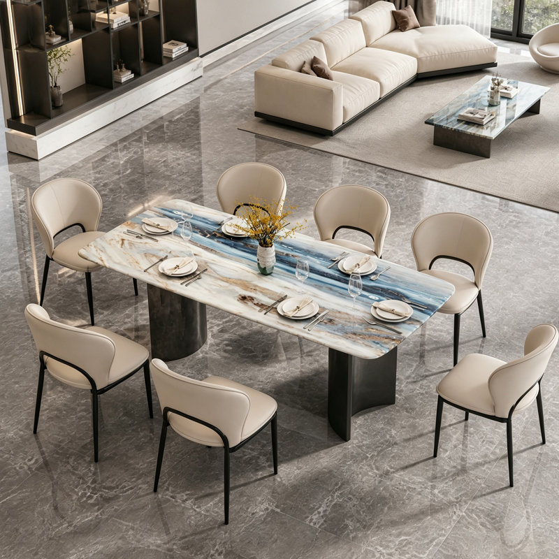 Luxury Modern Sintered Stone Dining Set, 62" Dining Table with Curved Metal Base and 6 Cream Leather Upholstered Chairs for Home