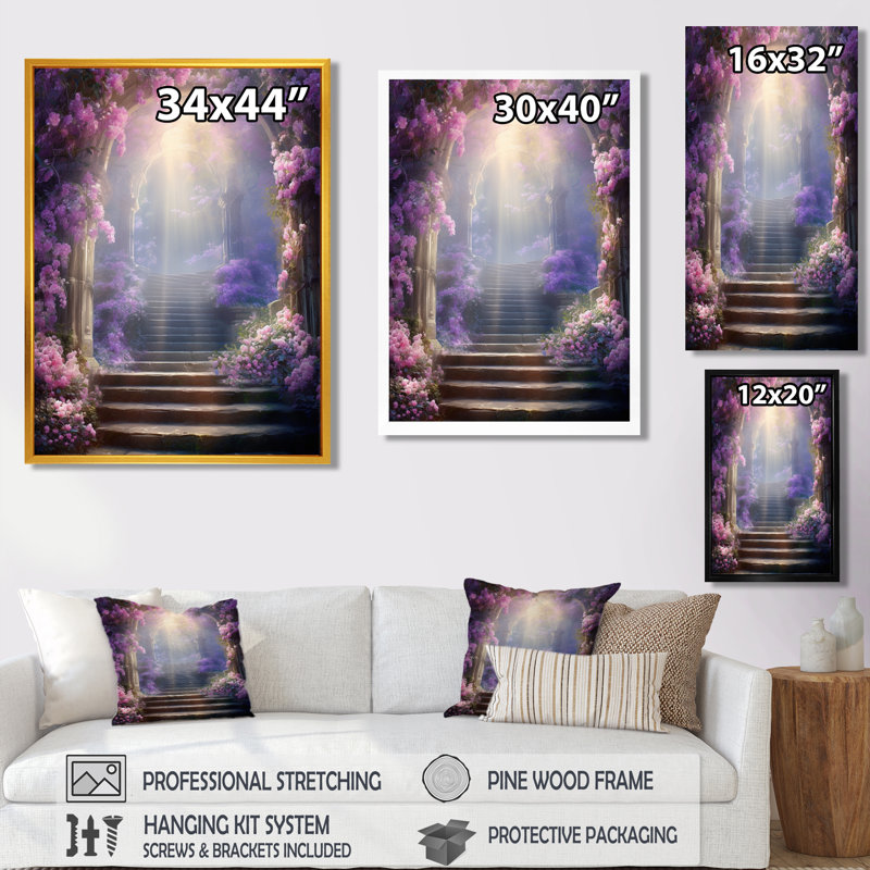 "Stairs To Purple Flower" - impression d'art mural fleurs, Cadre flottant blanc, bois massif, H 44 po x l 34 po