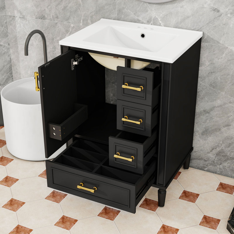 Modern Bathroom Vanity with Ceramic Sink, Soft-Close Door, 3 Drawers and Gold Handles, Black