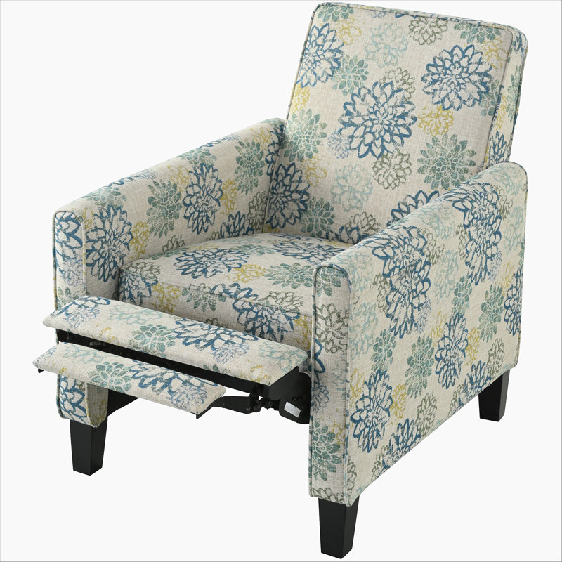 Fauteuil inclinable rembourré 27,5 po avec pieds en bois de hêtre massif pour salon et chambre à coucher, brun clair et bleu