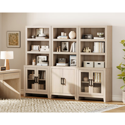 74"  Tall Bookshelf With Glass Doors, Large Bookshelf Set Of 3 ,Farmhouse Bookcase With Open Shelves For Living Room, Home Office, Library, Beige