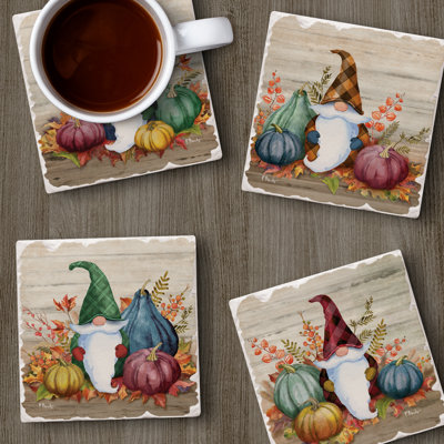 Autumn Gnomes 4 Pack Assorted Tumbled Tile Stone Coasters