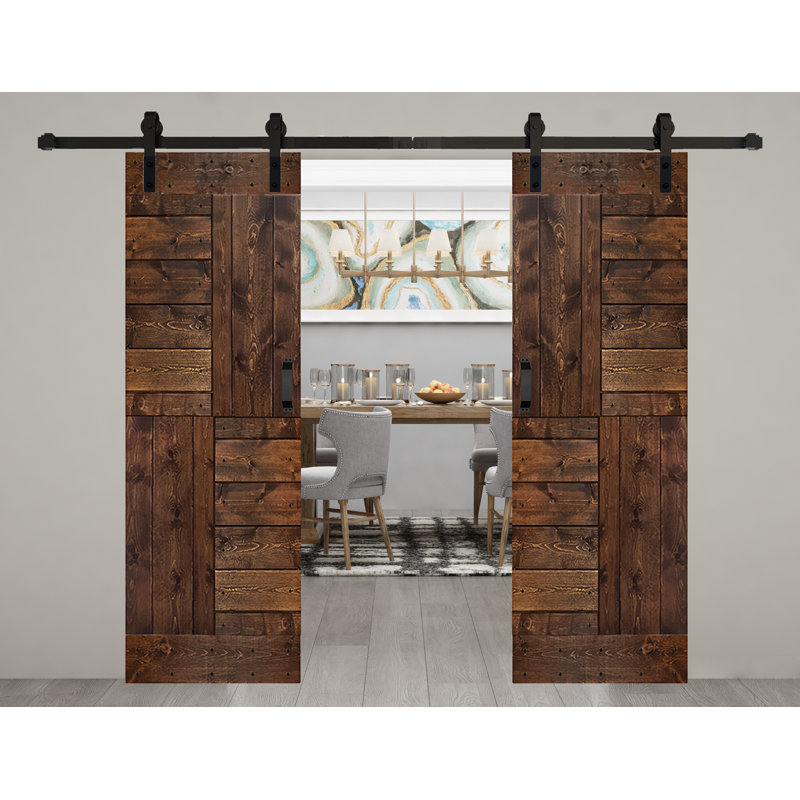 Dark Walnut Solid Wood Double Sliding Barn Door with Matte Finish