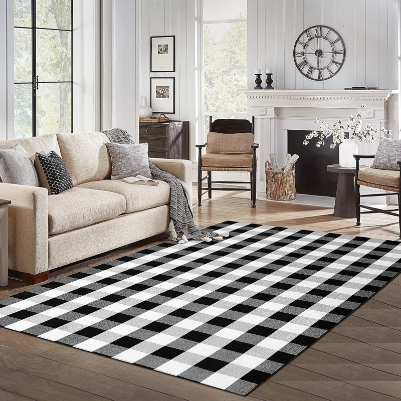 Quintisha Buffalo Plaid Area Rugs Black and White Checkered Rug Outdoor Rugs , Rectangle 5' x 8'