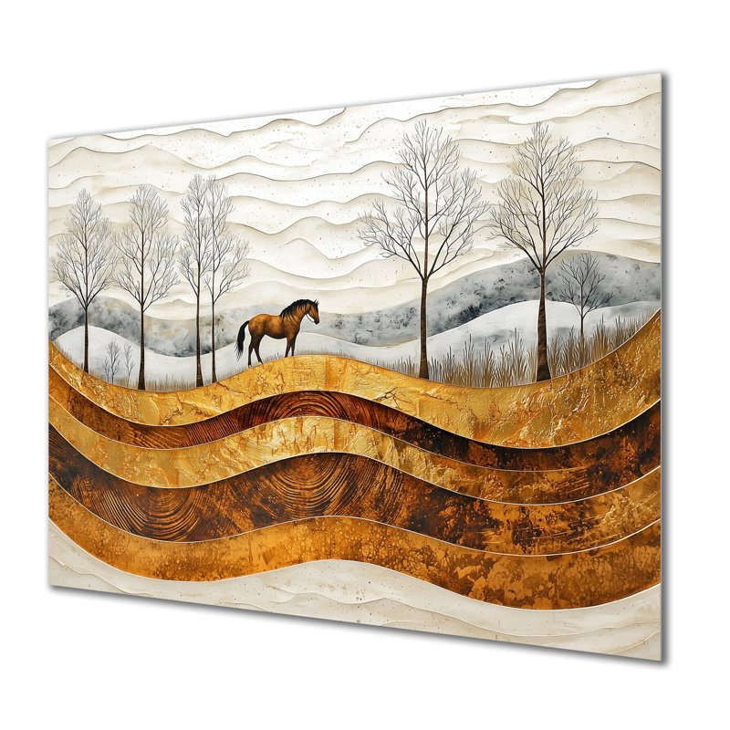 Cheval en bois, lever de soleil de l'horizon, cheval - impression murale en métal, H 12 po x l 20 po